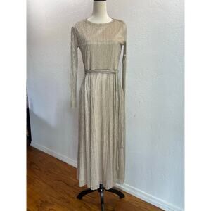 NWT- SIZE 6 Anne Klein Gold Crinkle Long Sleeve Metallic Waist Tie Midi Dress
